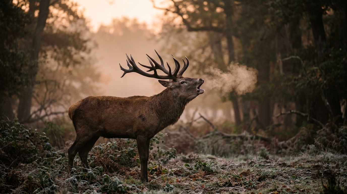 Cerf en train de bramer dans une clairière brumeuse