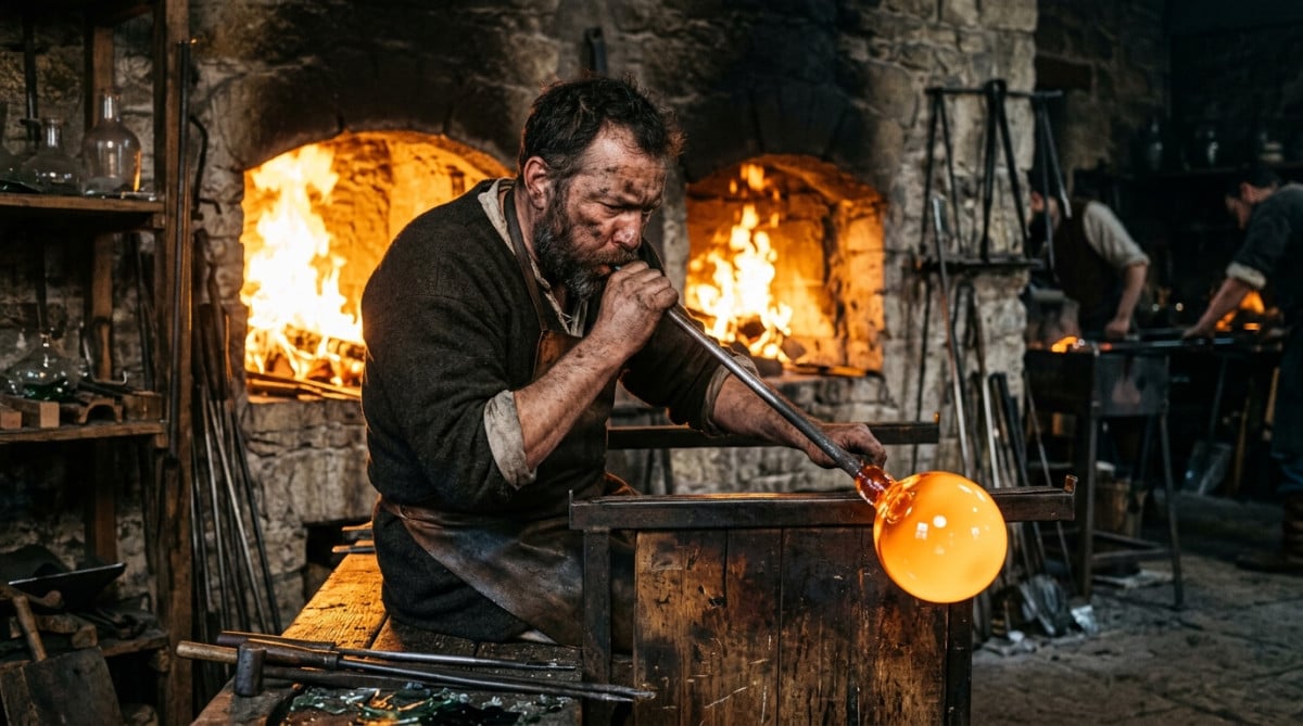 Verrier médiéval soufflant du verre en fusion