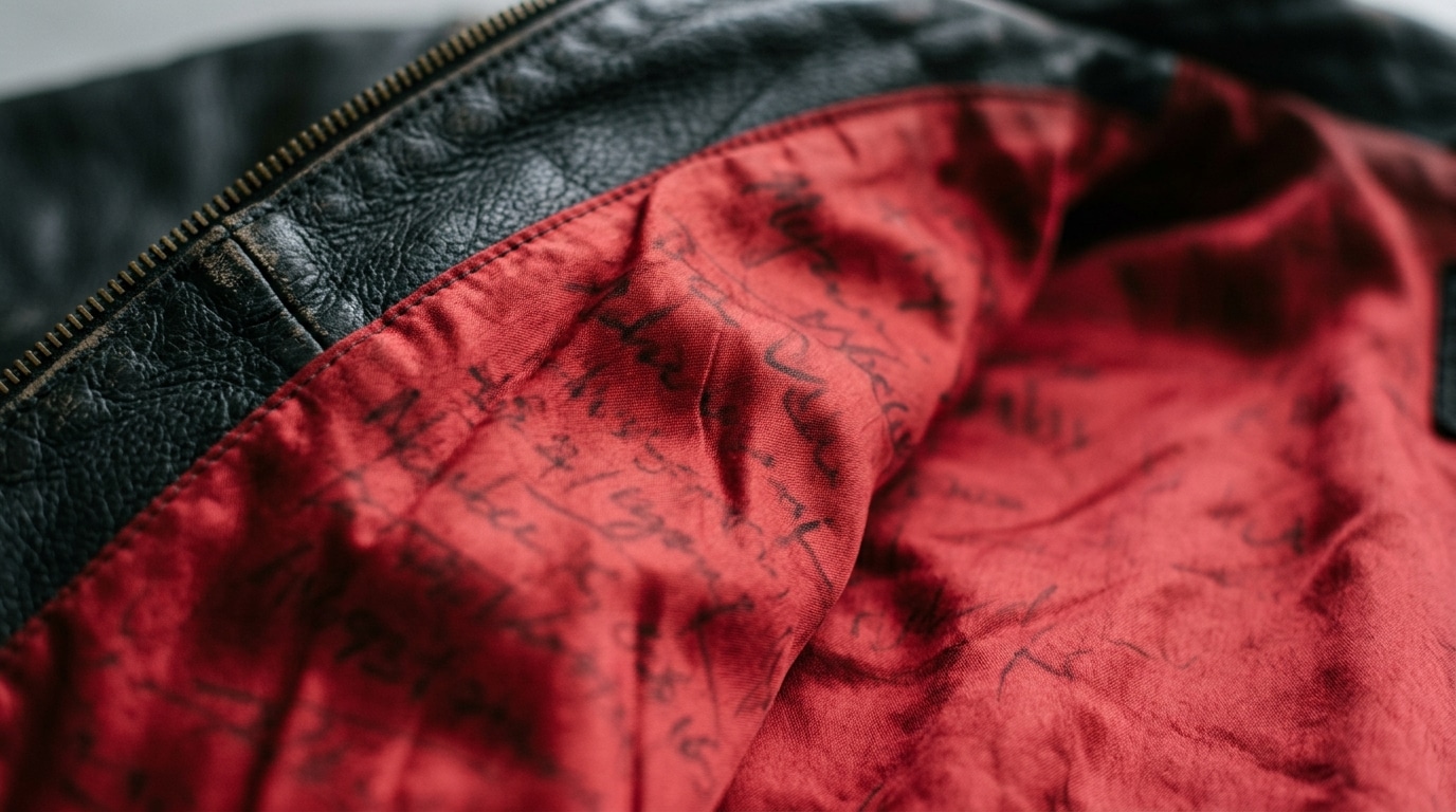 Doublure en soie rouge d'une veste de cuir avec inscription au feutre noir