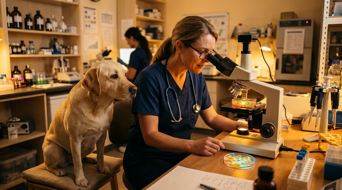 Vétérinaire observant des bactéries au microscope à côté d'un chien