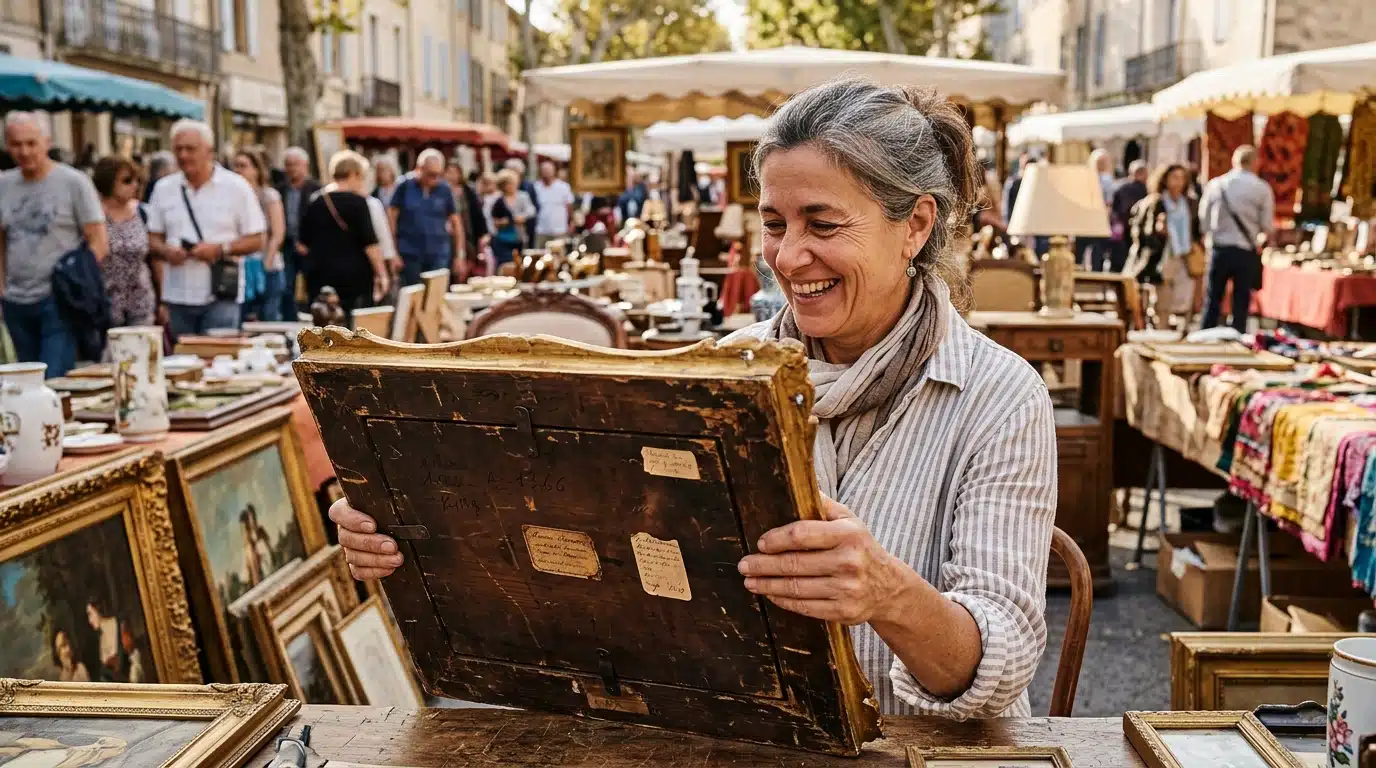 Femme examinant le dos d'un cadre ancien au vide-grenier