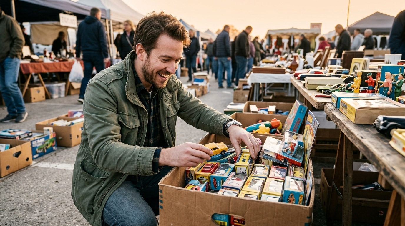 Homme fouillant une caisse de jouets vintage au marché aux puces