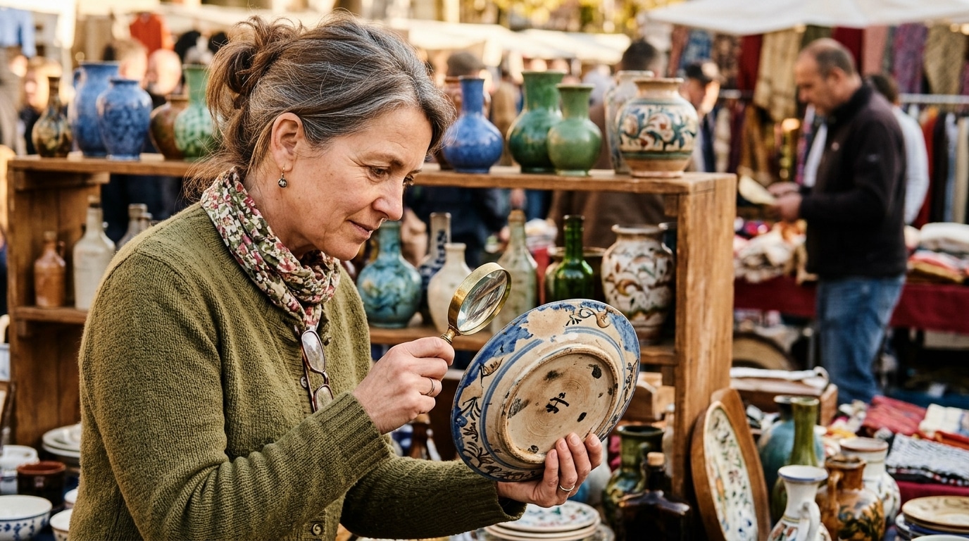 Femme inspectant le dessous d'une assiette ancienne à la loupe