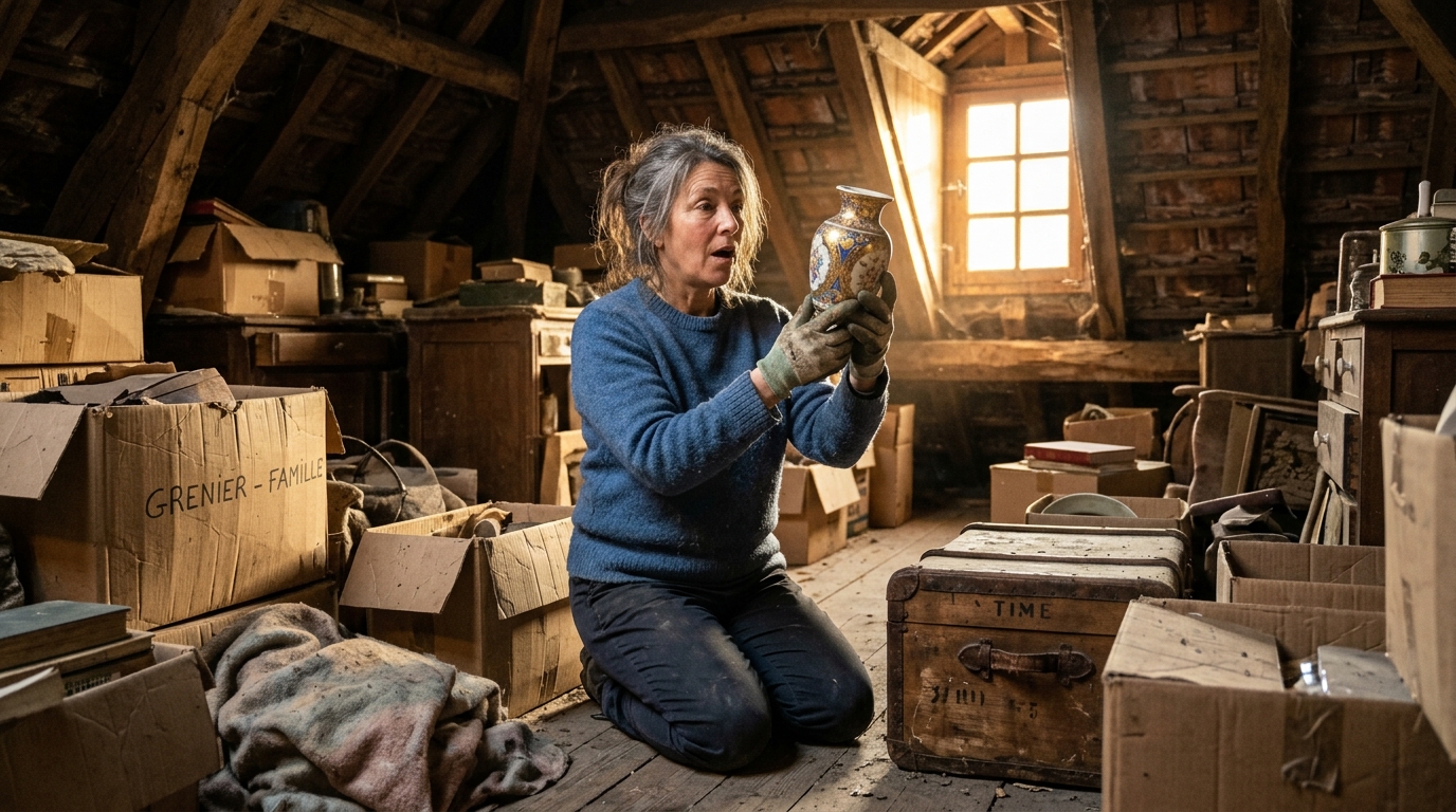 Femme découvrant un vase ancien dans un grenier