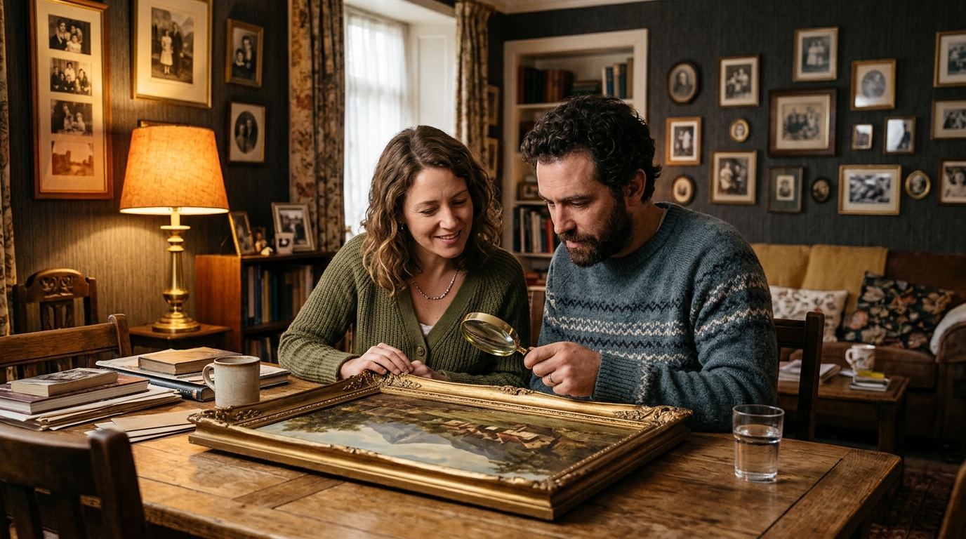 Frères et sœurs examinant un tableau hérité