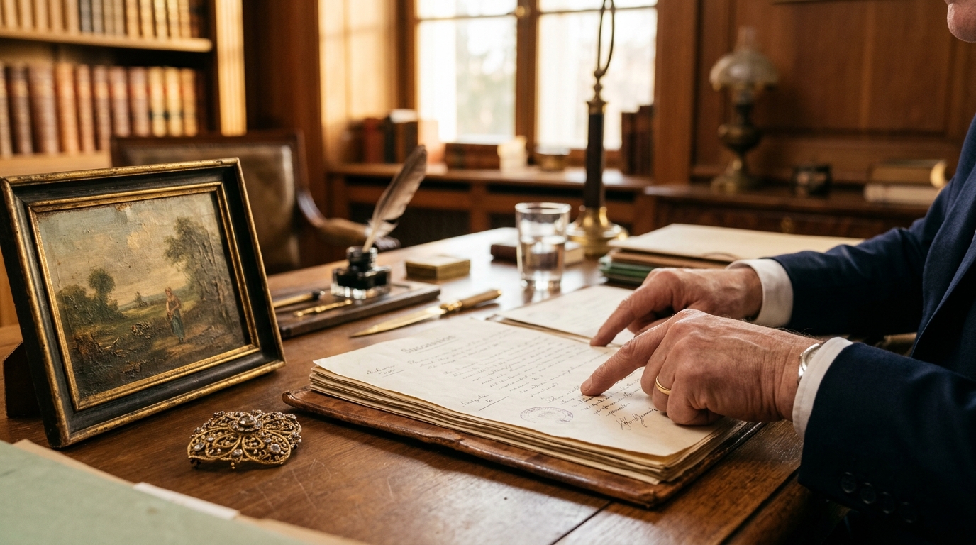 Bureau de notaire avec bijou ancien et dossier de succession