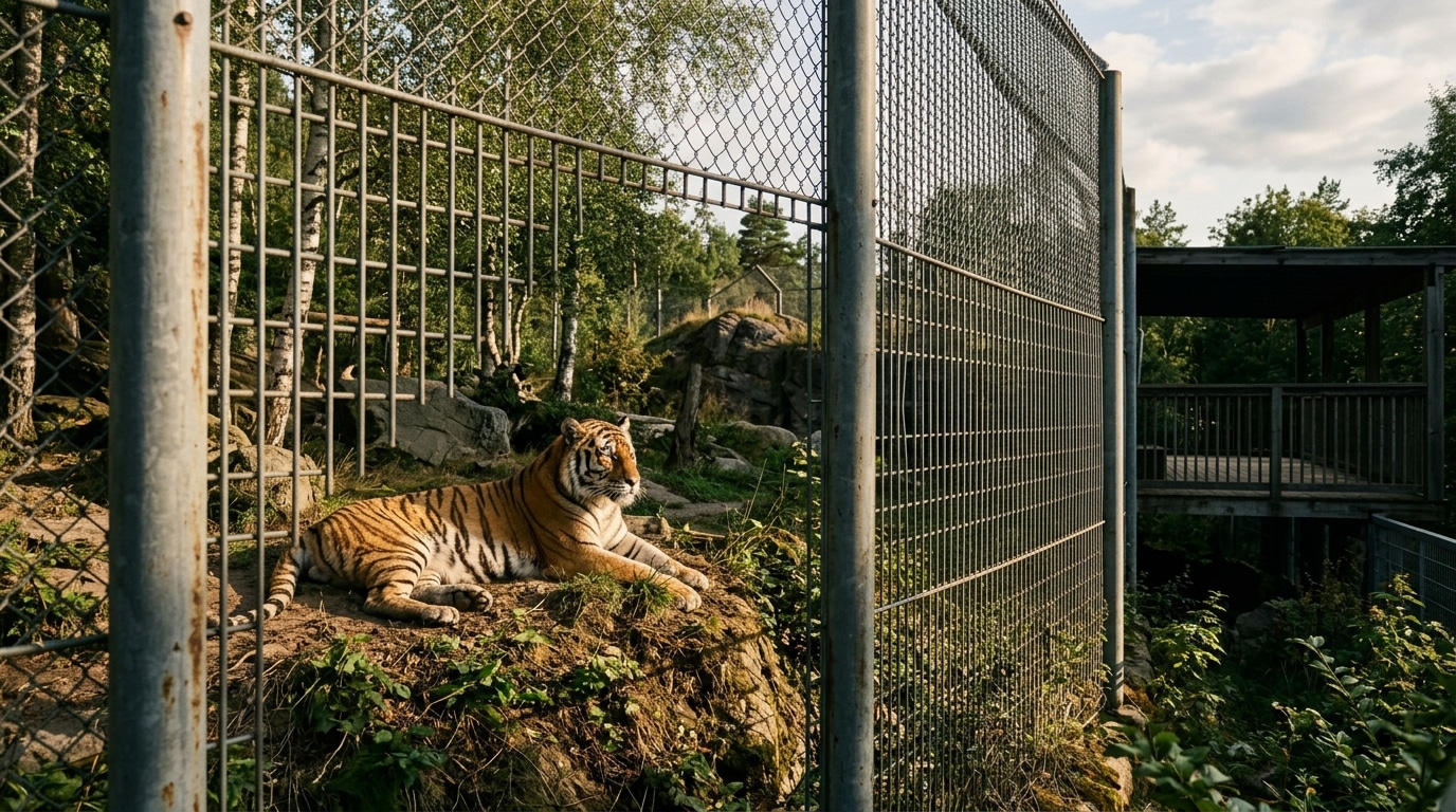 Tigre de Sibérie allongé au soleil derrière une haute clôture