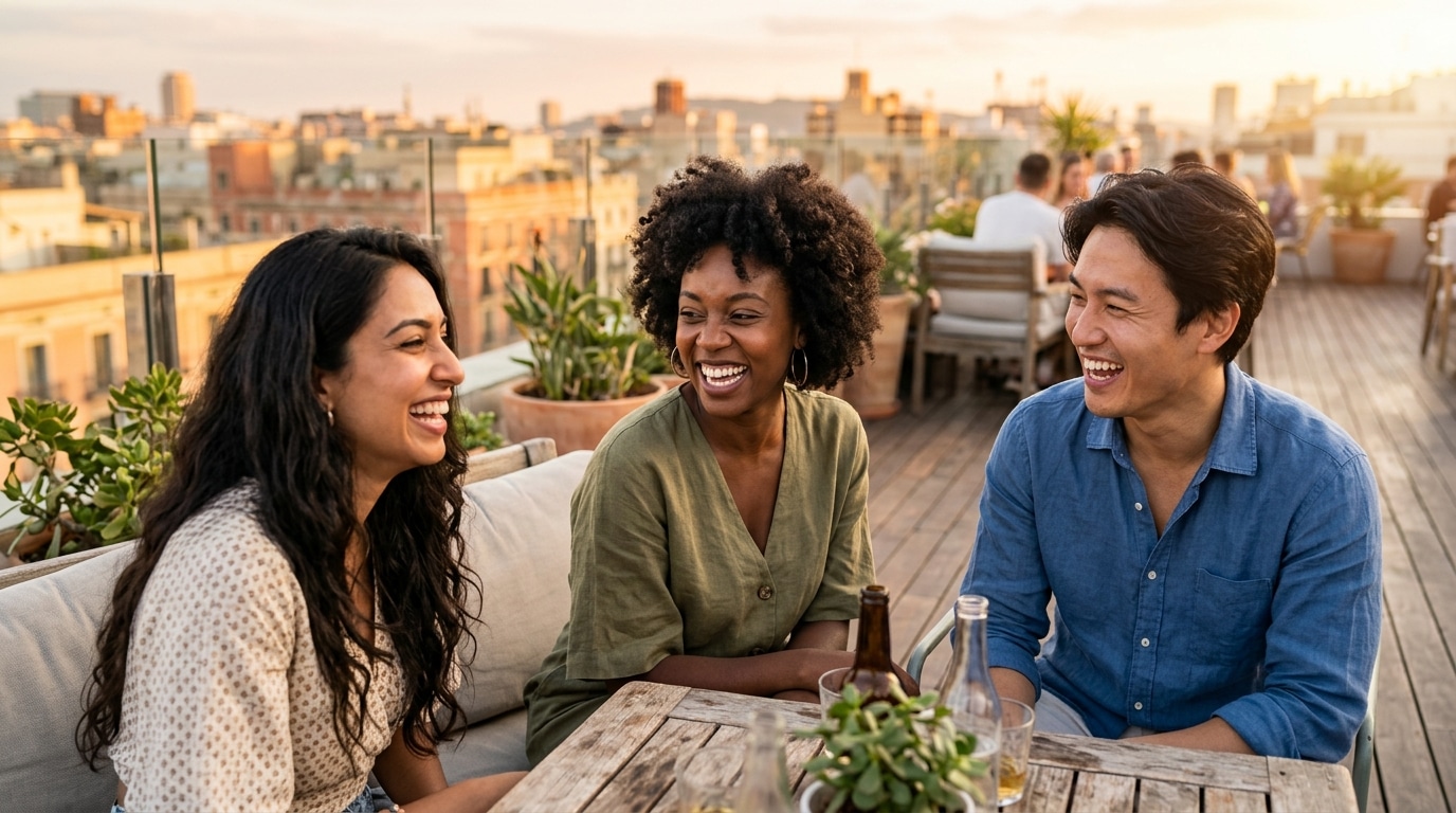 Trois amis riant ensemble sur une terrasse au soleil