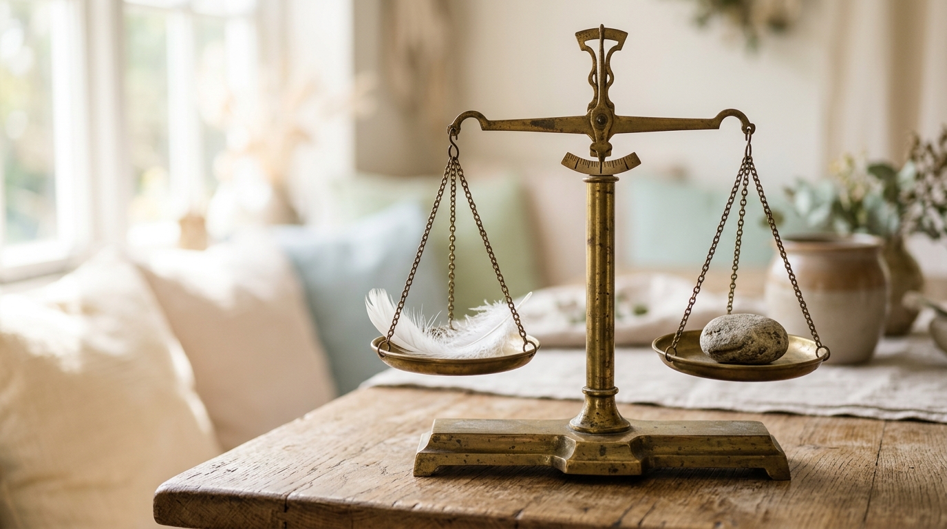 Balance en laiton avec une plume et une pierre
