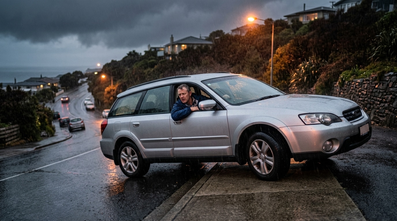 Homme garant sa voiture sur un trottoir en hauteur avant la pluie