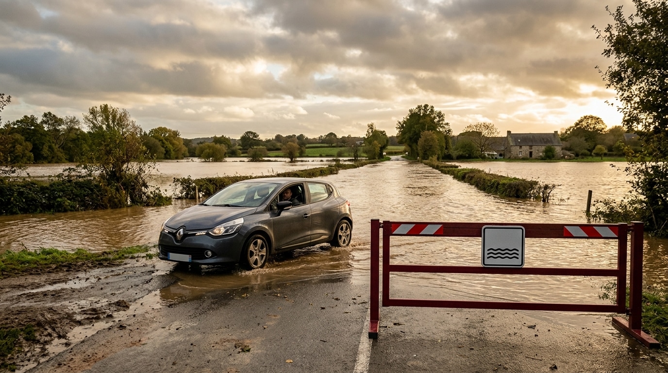Route inondée barrée avec une voiture faisant demi-tour