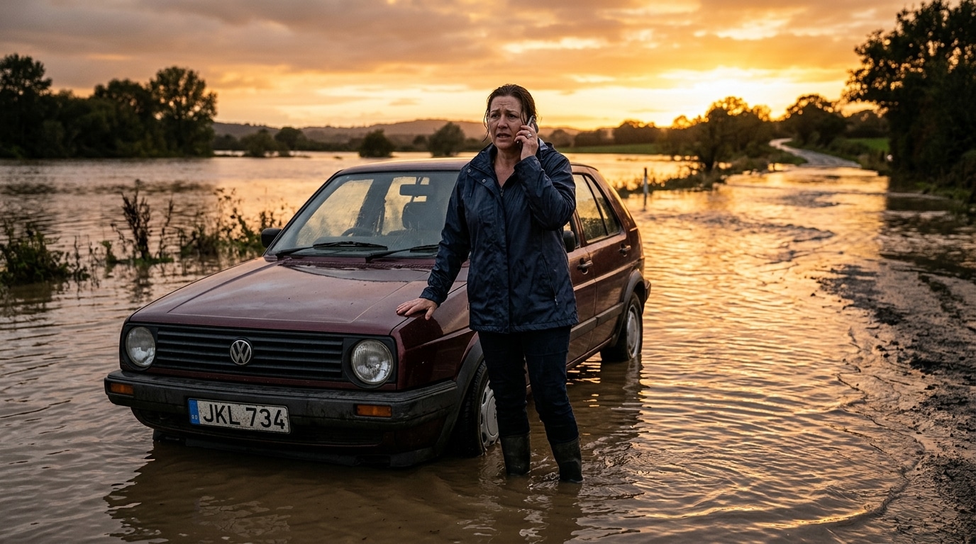 Femme appelant les secours à côté d'une voiture calée dans l'eau