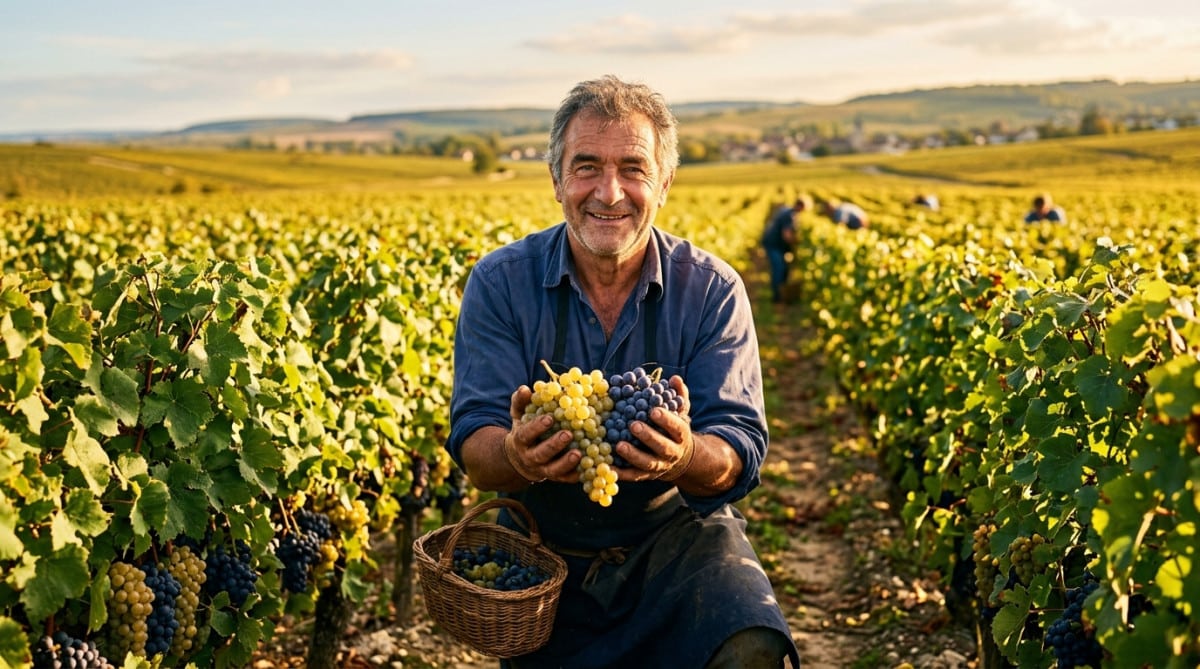 Vigneron tenant du raisin de Champagne à la vendange