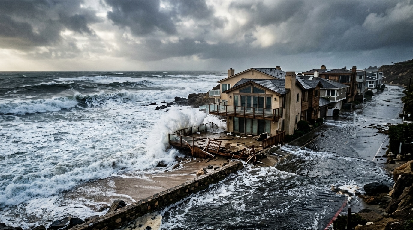 Villas en front de mer frappées par de grosses vagues