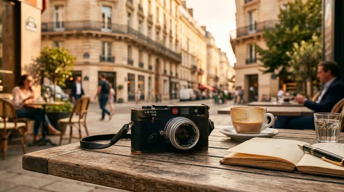 Caméra de cinéma vintage posée sur une terrasse parisienne ensoleillée