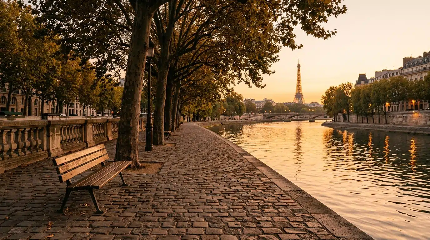 Quai de Seine désert à la lumière dorée du soir, à Paris