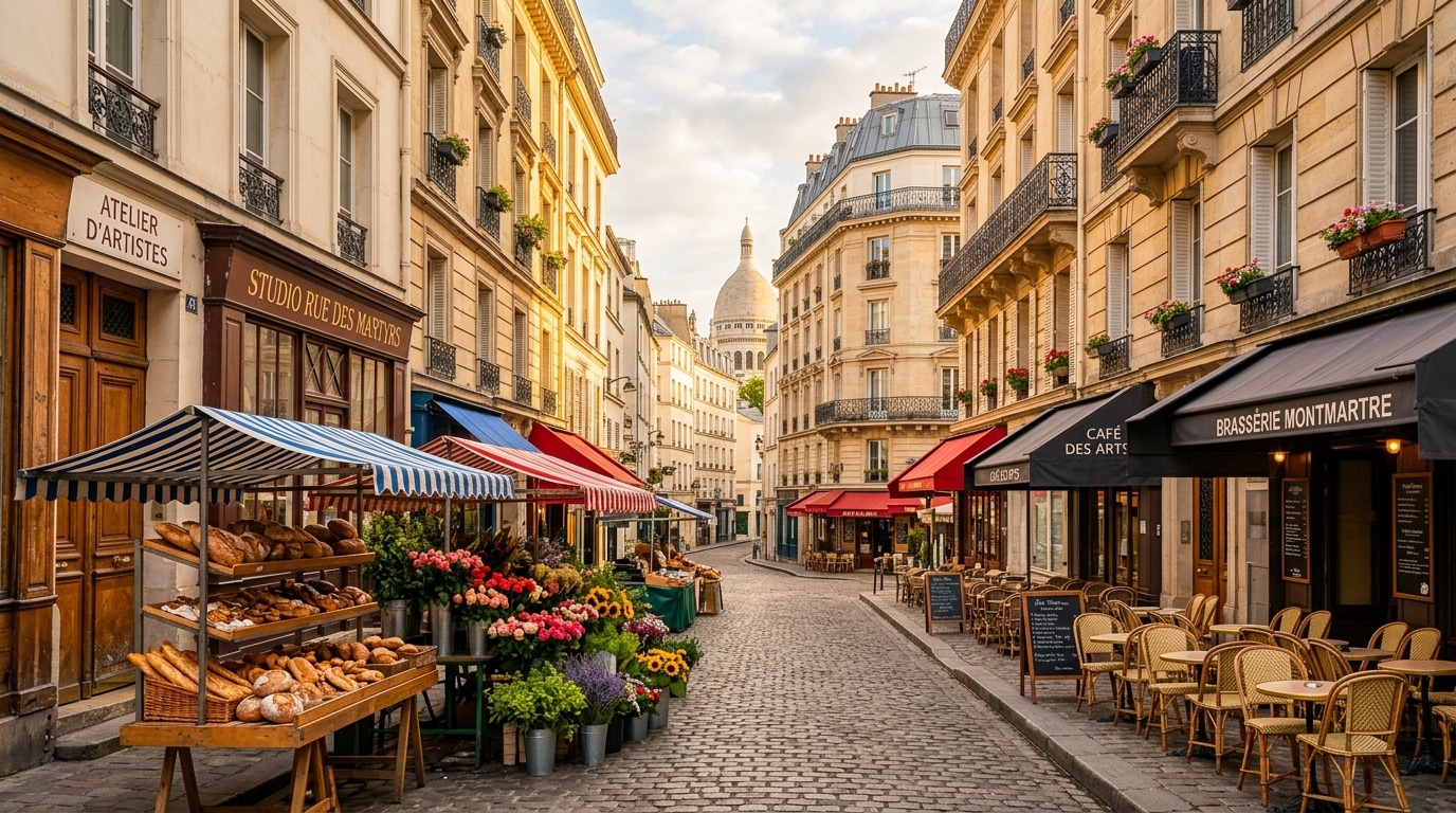 Rue animée de quartier parisien avec commerçants