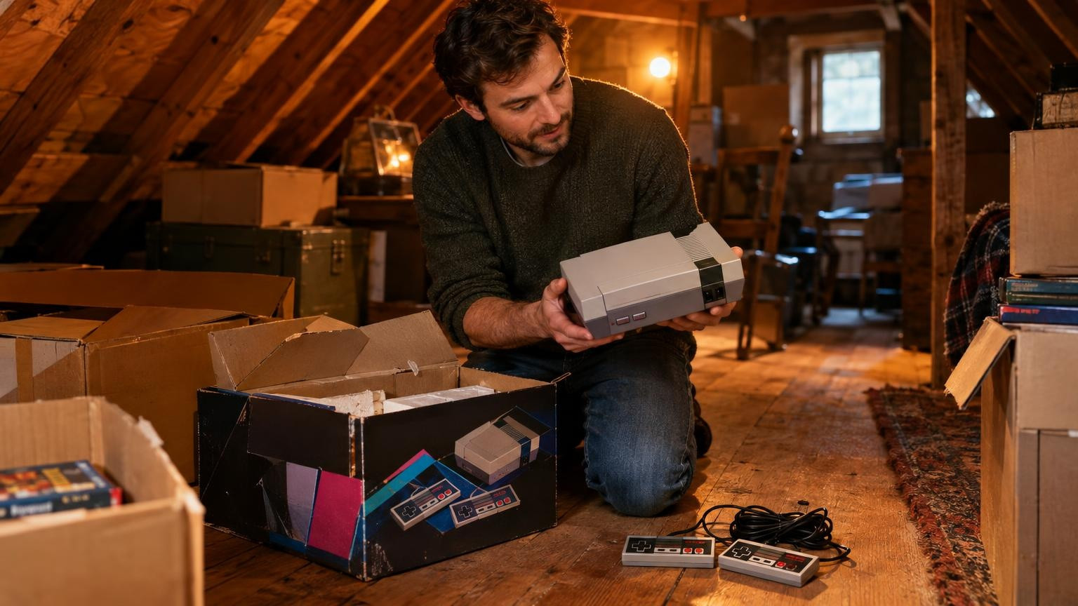 Homme examinant une vieille console avec sa boîte