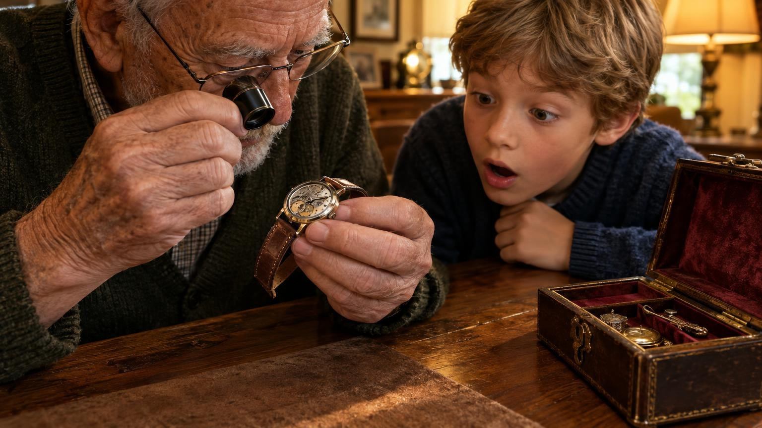 Petit-fils observant la montre mécanique de son grand-père