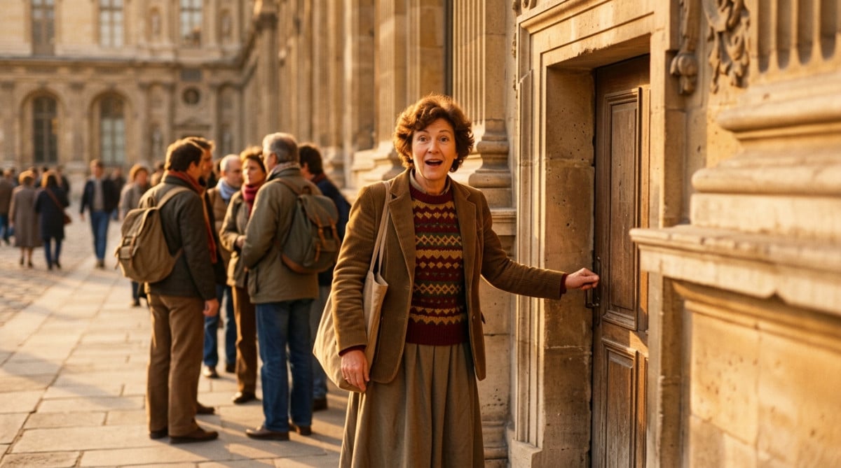 Visiteur devant la petite porte de l'aile Denon du Louvre