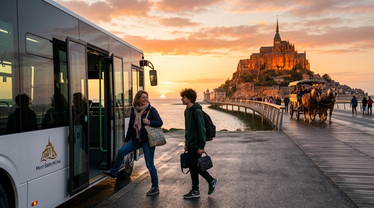 Visiteurs montant dans la navette face au Mont-Saint-Michel