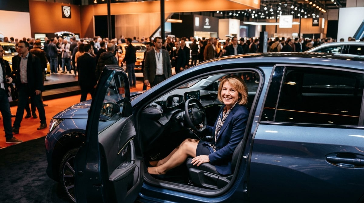 Visiteuse souriante dans une voiture électrique au Mondial de l'auto