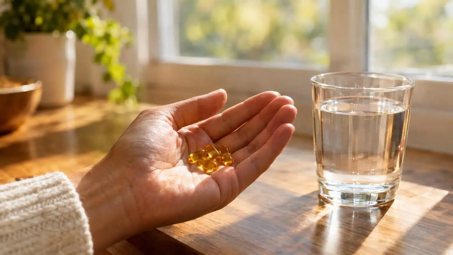 Capsules dorées dans une paume sous la lumière du matin