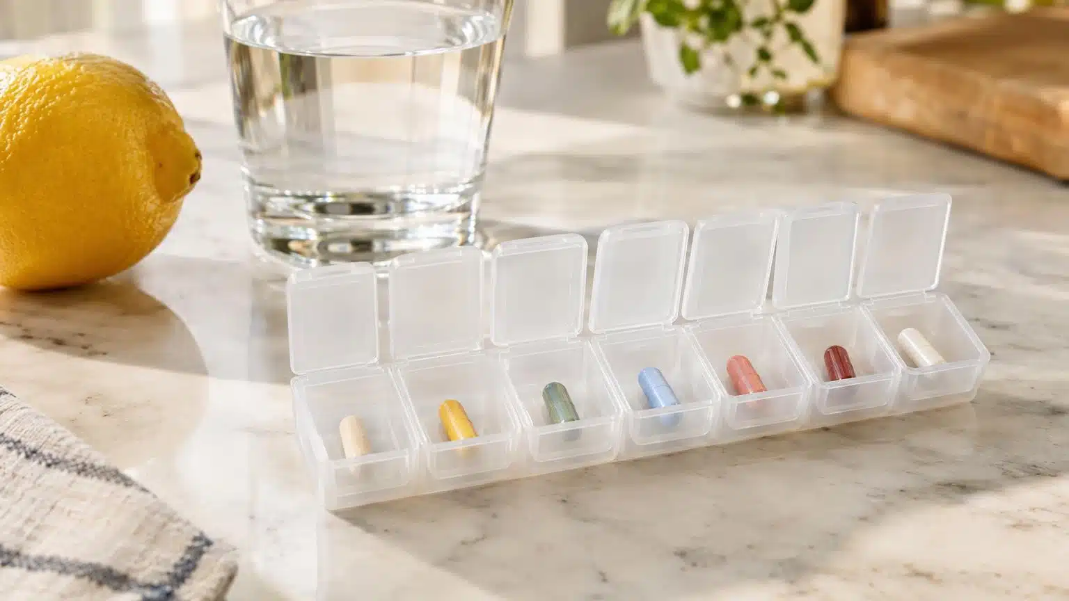 Pilulier hebdomadaire avec une capsule par compartiment sur un plan de travail