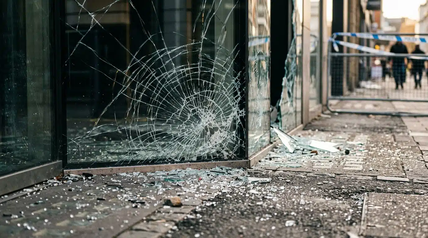 Façade vitrée fissurée et éclats de verre sur le trottoir