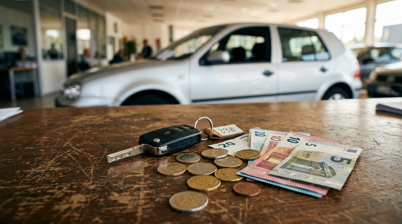 Clé de voiture et pièces d'euros sur un bureau