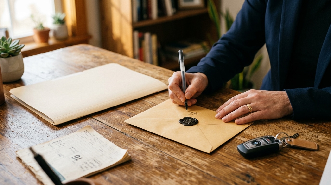 Mains posant une enveloppe et des clés de voiture sur un bureau