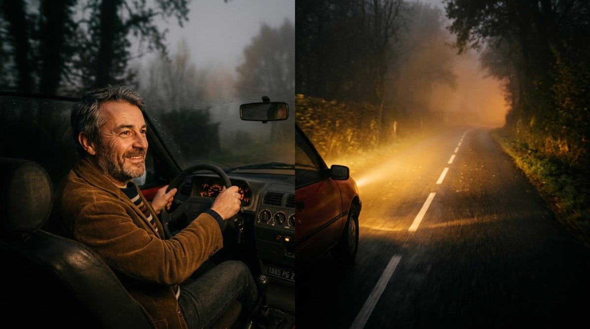 Voiture française des années 80 aux phares jaunes la nuit