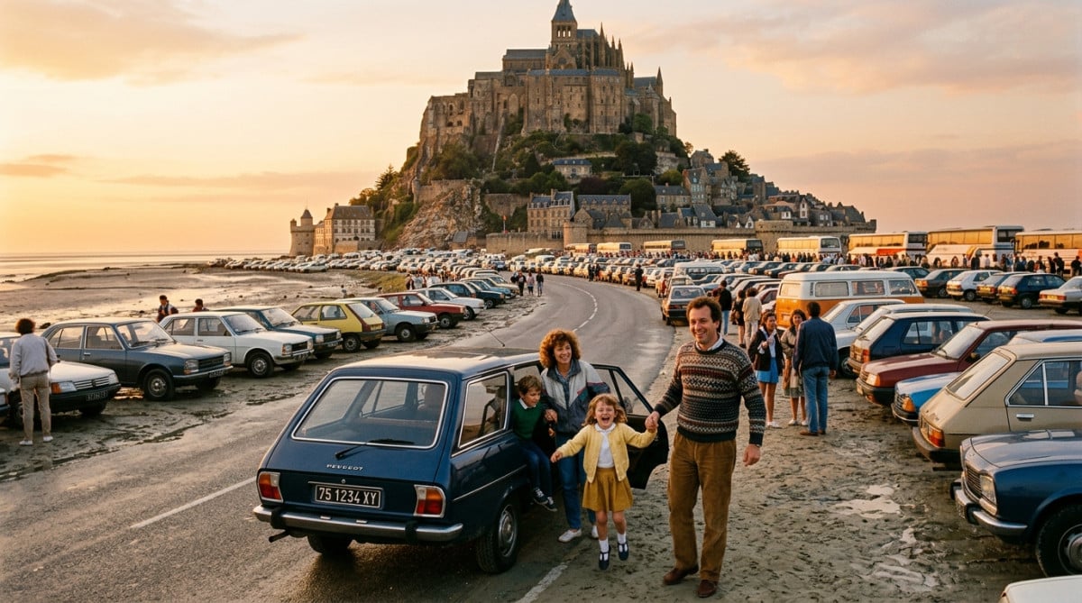 Voitures garées au pied du Mont-Saint-Michel dans les années 1980