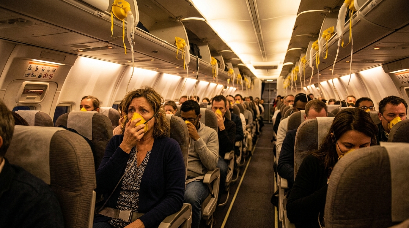Passagère avec masque à oxygène lors d'une descente d'urgence