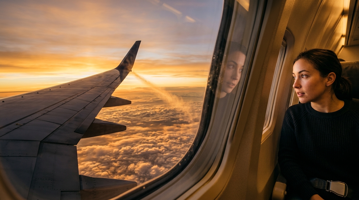 Aile d'avion larguant du carburant au coucher du soleil