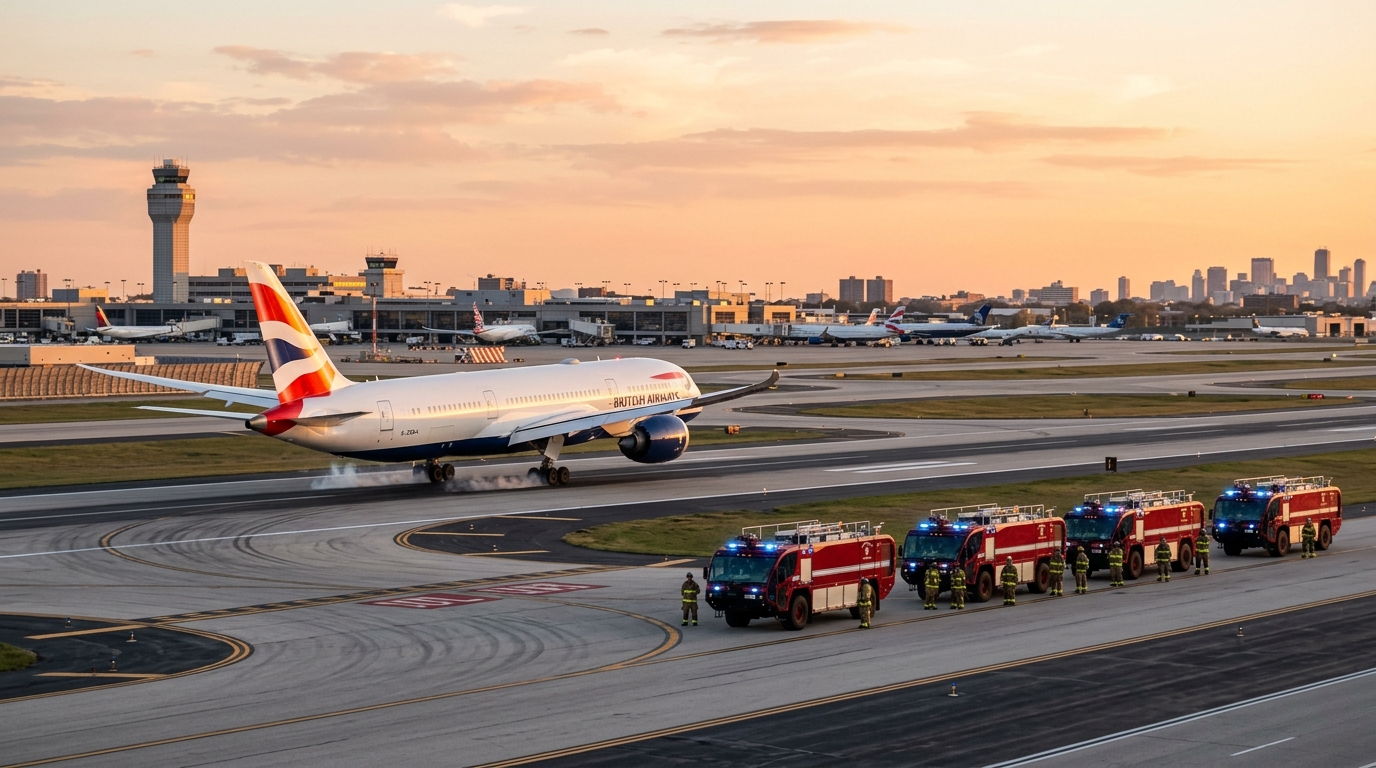 Avion British Airways atterrissant à Chicago avec camions de pompiers