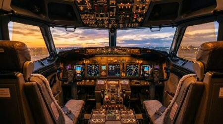 Cockpit d'avion vide au crépuscule