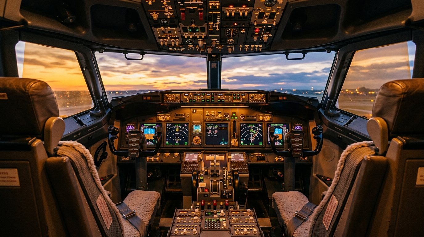Cockpit d'avion vide au crépuscule