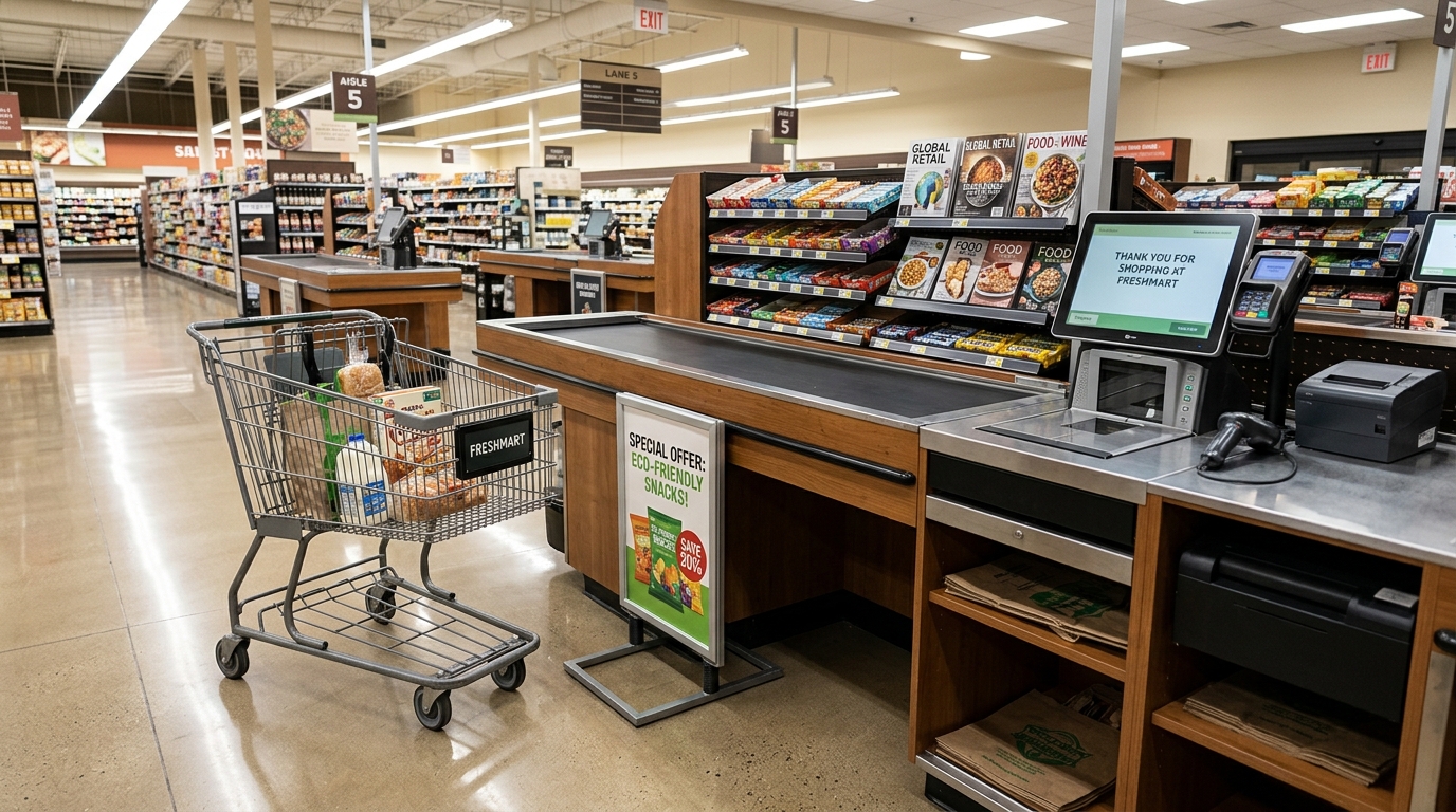 Caddie et présentoir près d'une caisse de supermarché vide