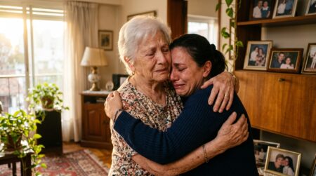 Mère âgée et sa fille retrouvées s'étreignant avec émotion