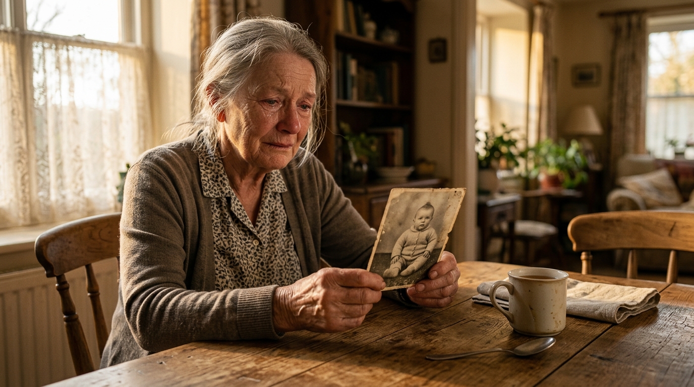 Femme âgée tenant une vieille photo de bébé