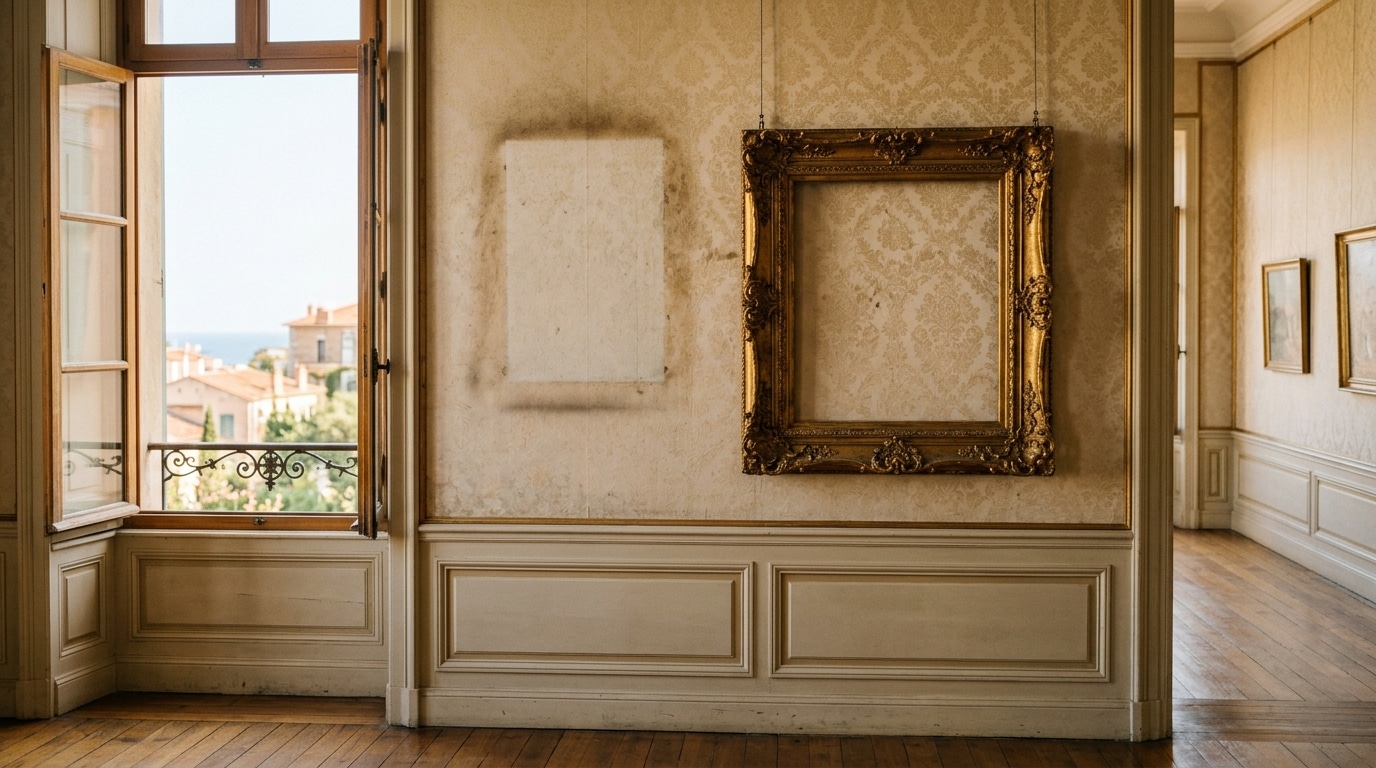 Cadre doré vide sur le mur d'un musée