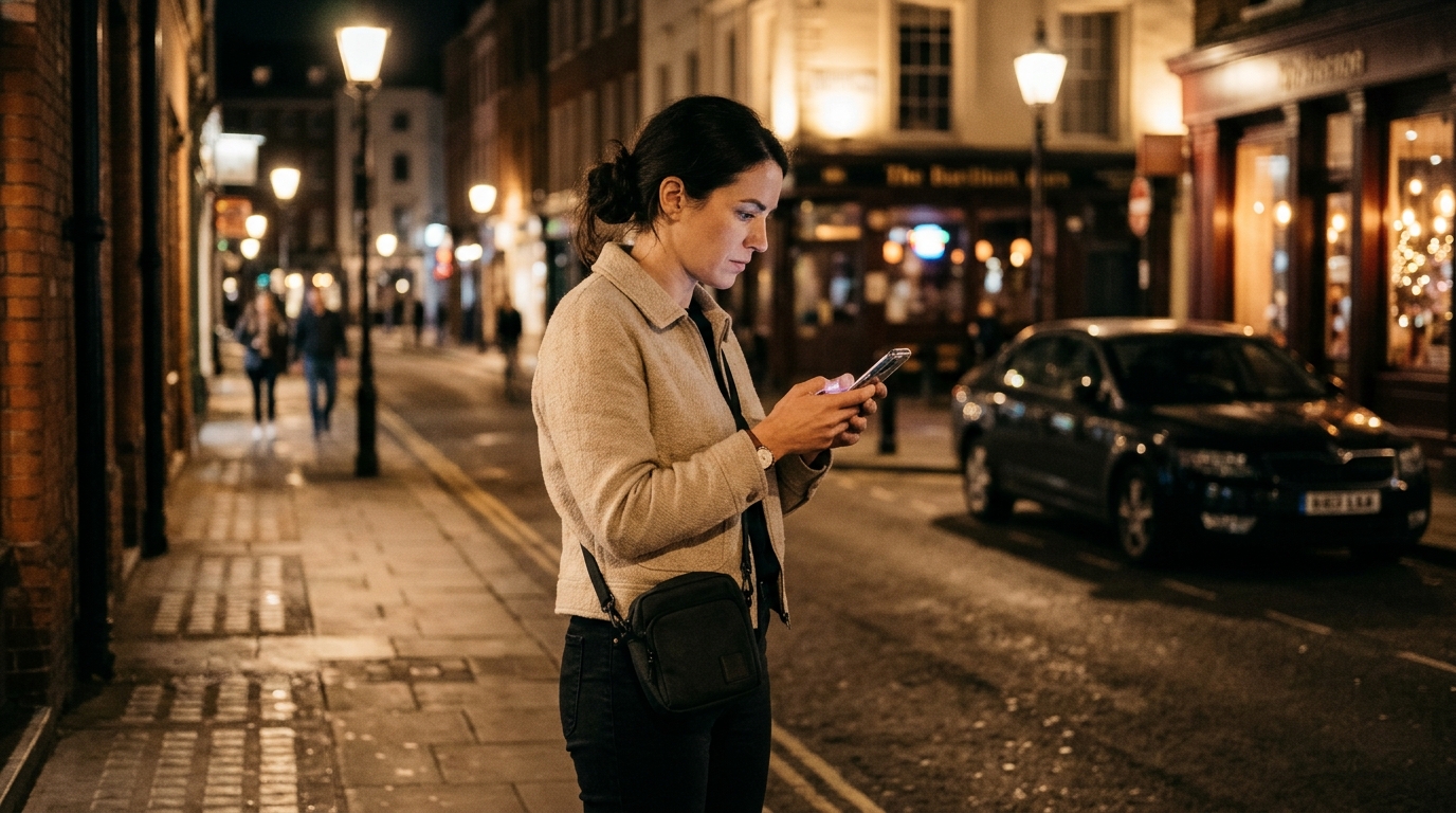 Passant dans une rue nocturne tenant un téléphone portable