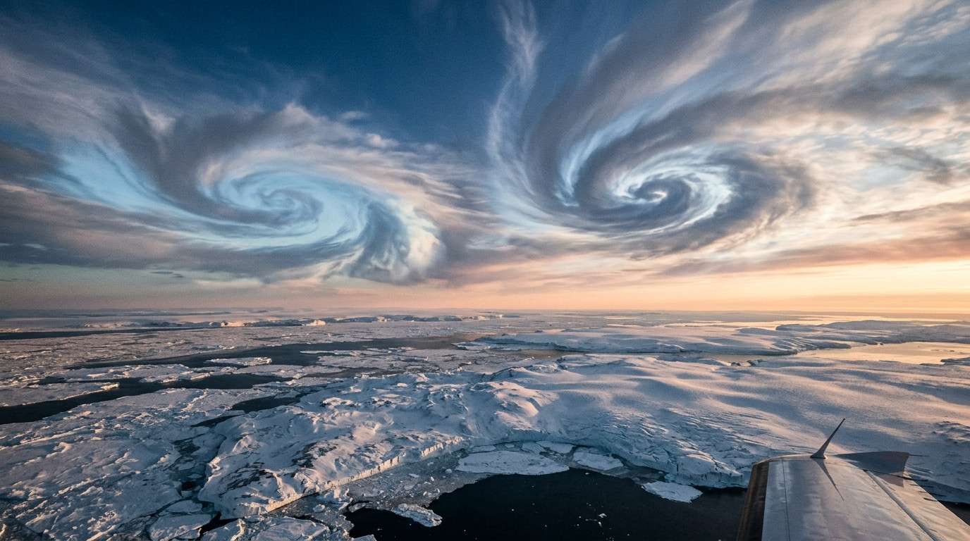 Masse nuageuse tourbillonnante scindée en deux au-dessus de l'Arctique