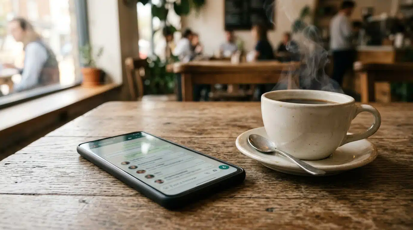 Smartphone avec conversation floue posé sur table de café