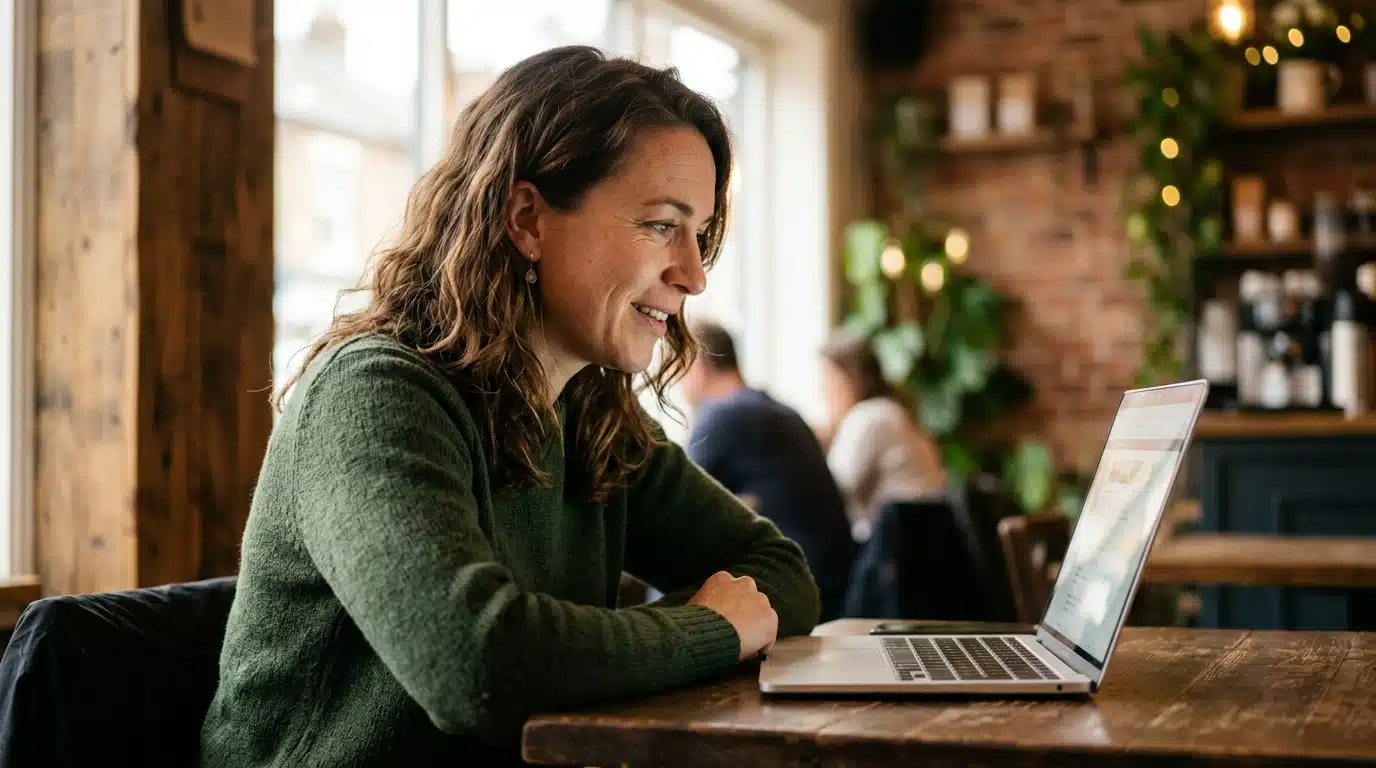 Personne perplexe et amusée devant un ordinateur portable
