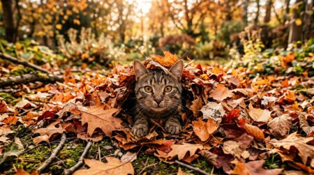 Chat qui sort la tête d'un tas de feuilles mortes