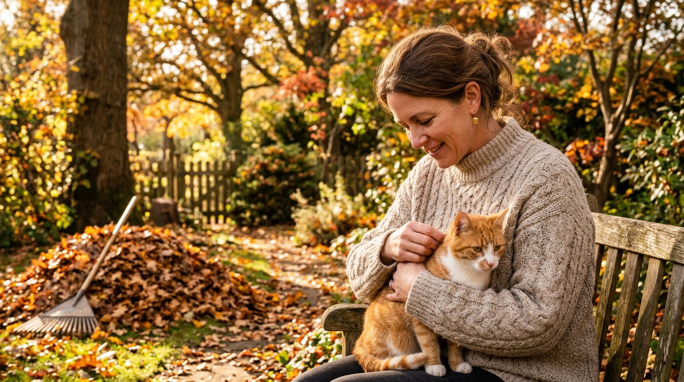 Femme inspectant le pelage de son chat dans le jardin