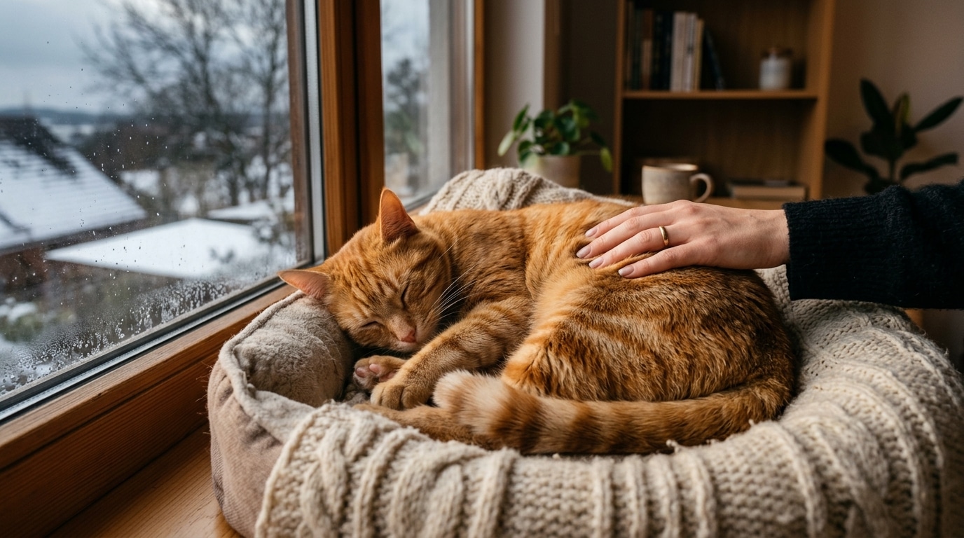 Chat roux endormi dans un panier douillet près d'une fenêtre