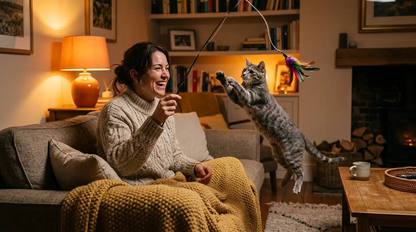 Femme jouant avec son chat à la canne à pêche dans le salon